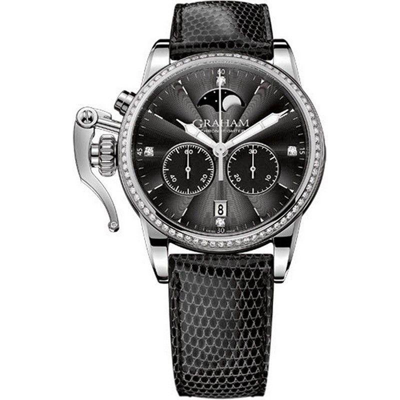 Chronofighter 1695 Lady Moon 36mm in Steel with Diamond Bezel on Black Lizard Strap with Black Flinque Diamond Dial