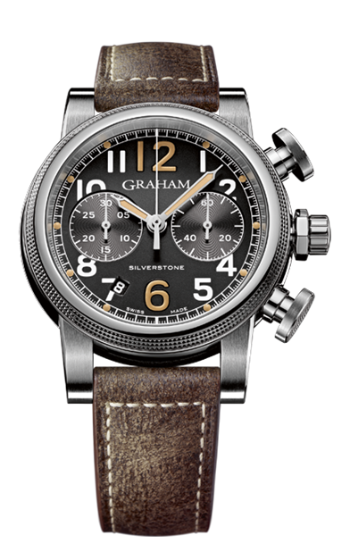 Graham 1965 Silverstone Mens 44mm Automatic in Stainless Steel On Brown Leather Strap with Black Dial