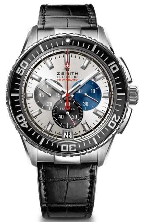 El Primero Stratos Flyback Striking 10th in Steel On Black Crocodile Leather Strap with Silver Dial