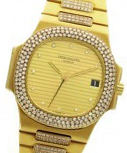 3800 Nautilus with Factory Pave Diamonds On Yellow Gold Diamond Bracelet with Champagne Diamond Dial