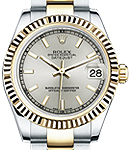 Datejust Mid Size 31mm in Steel with Yellow Gold Domed Bezel on Oyster Bracelet with Silver Index Dial
