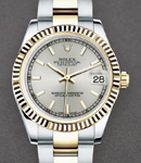 Datejust Mid Size 31mm in Steel with Yellow Gold Domed Bezel on Oyster Bracelet with Silver Index Dial