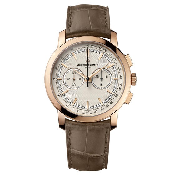 Patrimony Traditionnelle Chronograph Paris Boutique in Rose Gold On brown Crocodile Strap with Silver Dial