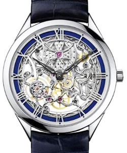Metiers d Art mecaniques Ajourees 40mm in White Gold on Black alligator Strap with Skeleton Dial