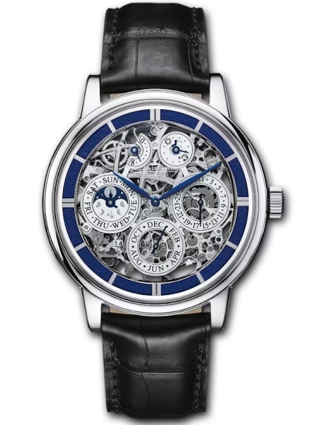 Master Grande Tradition Quantieme Perpetuel Jours in White Gold On Black Alligator Strap with Silver Skeleton Dial
