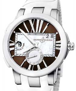 Executive Dual Time in Steel with White Ceramic Bezel on White Crocodile Strap with White MOP Diamond  Dial