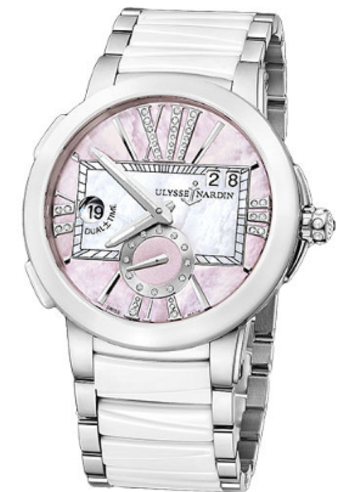 Executive Dual Time 40mm in Steel with White Ceramic Bezel on Steel and Ceramic Bracelet with Pink MOP Diamond Dial