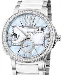 Executive Dual Time 40mm in Steel and White Ceramic Diamond  Bezel on Steel and Ceramic Bracelet with Blue MOP Diamond Dial