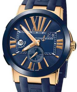 Executive Dual Time 43mm Automatic in Rose Gold with Blue Ceramic Bezel On Blue Rubber Strap with Blue Dial - Gold Markers