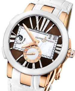 Executive Dual Time 40mm in Riose Gold with White Ceramic Bezel on White Leather Strap with Brown Diamond Dial