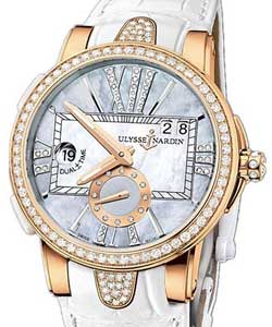 Executive Dual Time in Rose Gold with White Ceramic Diamond Bezel on White Crocodile Strap with Blue MOP Diamond Dial