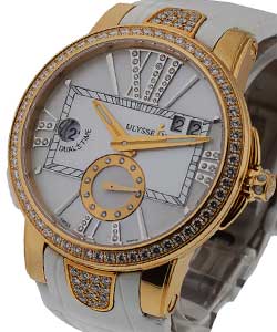 Executive Dual Time in Rose Gold with Diamond Bezel  on White Leather Strap with Mother of Pearl Diamond Dial