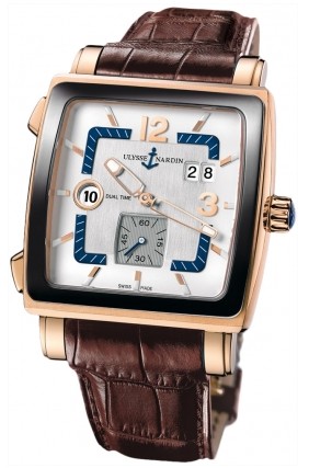 Quadrato Dual Time Mens 42mm Automatic in Rose Gold with Ceramic Bezel On Brown Crocodile Leather Strap with Silver Dial