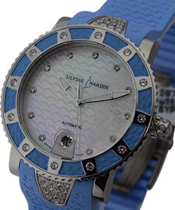 Lady Marine Diver with Diamonds in Blue Steel on Rubber with White MOP Dial