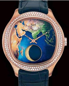 Black Tie Emperador Coussin in Rose Gold with Diamond Bezel On Blue Crocodile Leather Strap with Blue Map Printed Dial