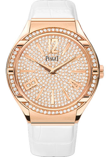 Polo Fortyfive Quartz in Rose Gold with Diamond Bezel on White Rubber Strap with Pave Diamond Dial