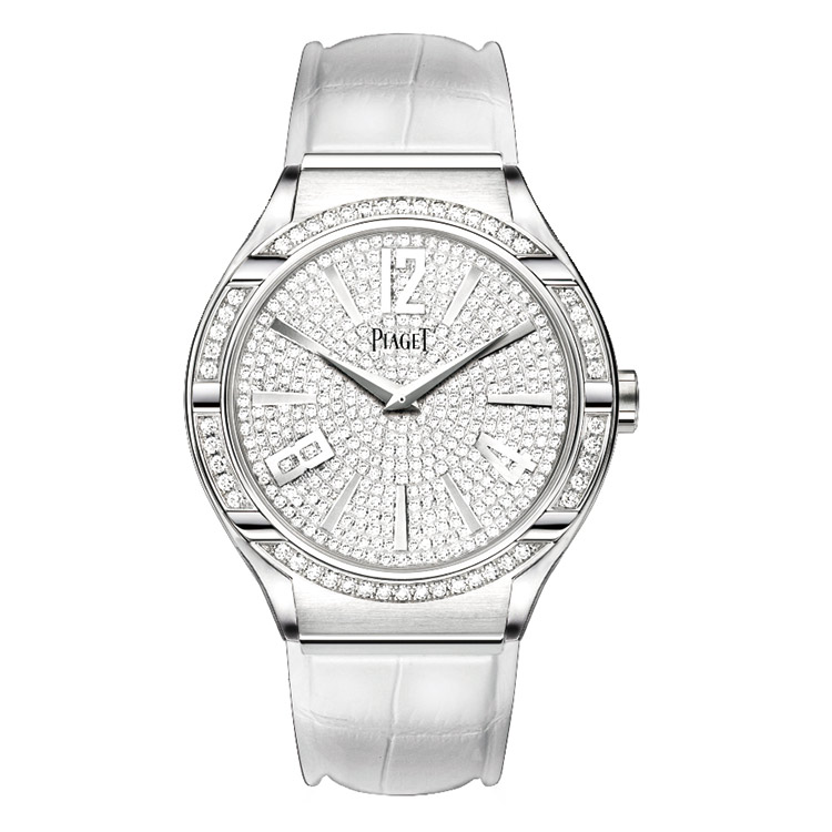 Polo Fortyfive Quartz in White Gold with Diamond Bezel On White Alligator Leather Strap with Pave Diamond Dial