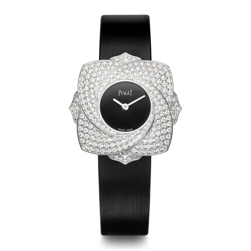 Limelight Blooming Rose 34mm Quartz in White Gold with Diamond Bezel on Black Satin Strap with Black Dial