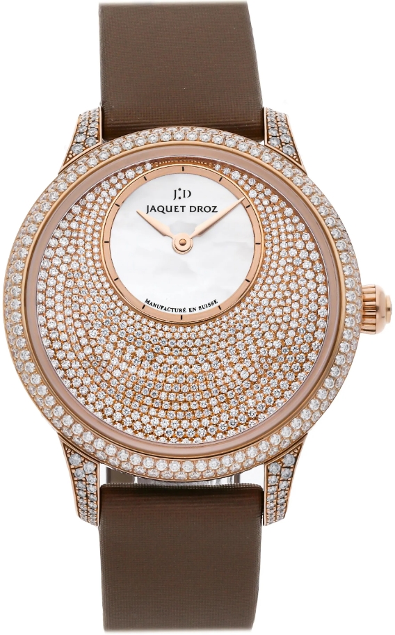 Petite Heure Minute Ladies 35mm Automatic in Rose Gold with Diamond Bezel on Brwon Satin Strap with Pave Diamond Dial