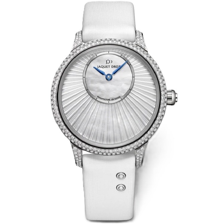 Petite Heure Minute 35mm Automatic in White Gold with Diamond Bezel on White Satin Strap with MOP Sunray Dial