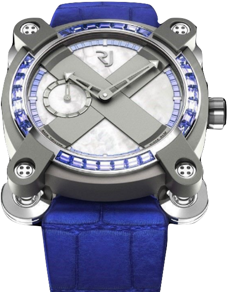 Moon Invader 40mm Automatic in Titanium with Blue Sapphires Bezel on Blue Alligator Strap with Mother of Pearl Dial