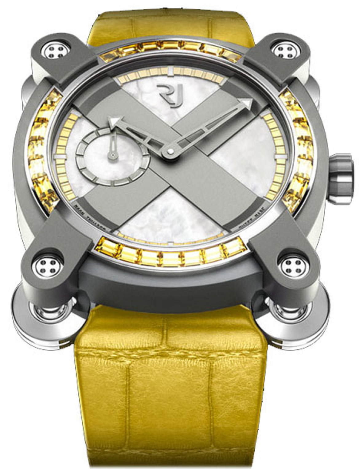 Moon Invader 40mm in Titanium with Yellow Sapphire Bezel on Yellow Alligator Strap with Mother of Pearl Dial