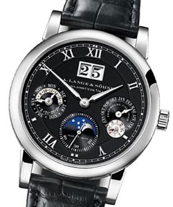 Langematik Perpetual Calendar Automatic in White Gold on Black Crocodile Leather Strap with Black Dial
