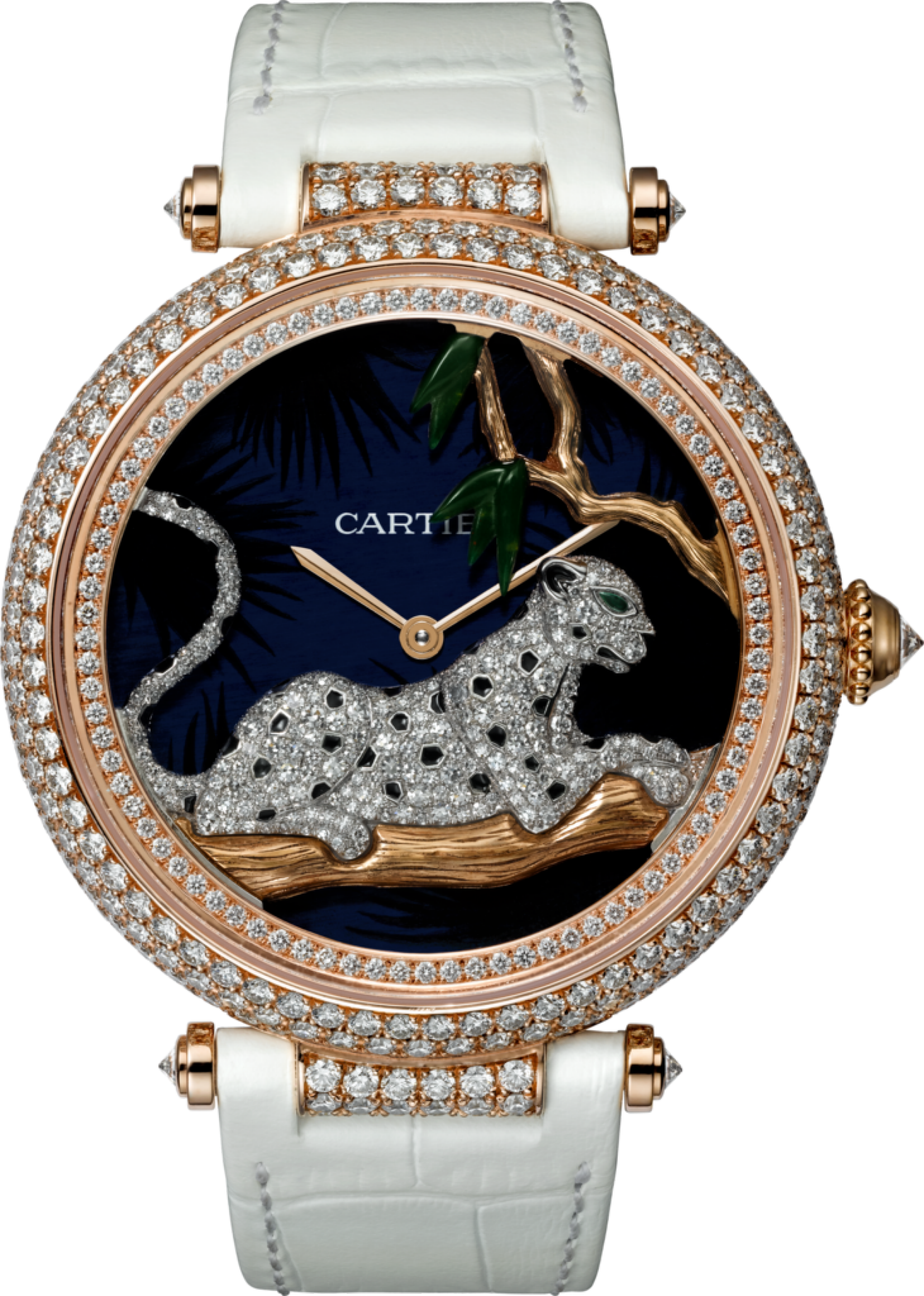 Rpnde Louis Cartier XL Claire de Lune in Rose Gold with Diamond Bezel on White Alligator Strap with Miniature Painting Panthere Dial