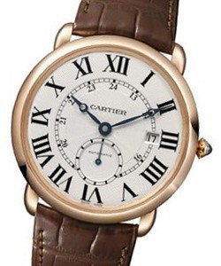 Ronde Louis Cartier mens 40mm Automatic in Rose Gold On Brown Alligator Strap - Silver Grained Roman Dial