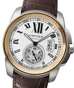 Calibre de Cartier 42mm Automatic in Steel with Rose Gold Bezel on Brown Alligator Leather Strap with Silver Dial