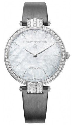 Premier Ladies 36mm Automatic in White Gold with Diamonds Bezel on Grey Satin Strap with Mother of Pearl Diamond Dial