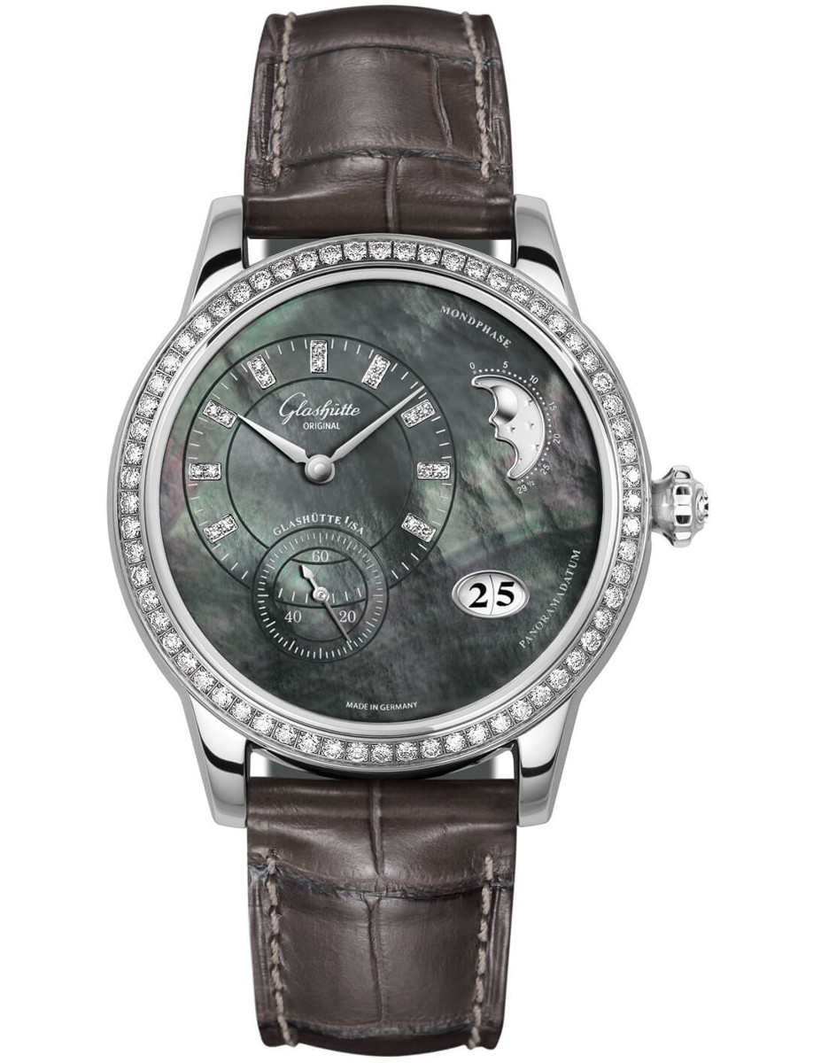 Original Panomatic Luna Automatic -Steel -Diamond Bezel Black Alligator Strap - Black Mother of Pearl Diamond