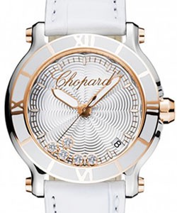 Happy Sport Round 36mm Quartz in Steel with Rose Gold Bezel on White Alligator Leather Strap with Silver Guilloche Dial