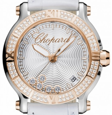 Happy Sport Round 36mm Swiss Quartz in Steel and Rose Gold Diamonds Bezel on White Alligator Leather Strap with Silver Guilloche Dial