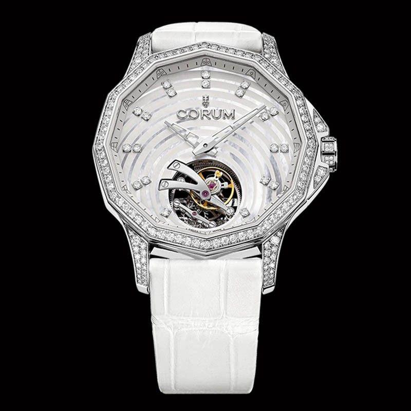 Admirals Cup Legend 38mm Tourbillon in Steel with Diamond Bezel on White Alligator Leather Strap with Mother of Pearl Diamond Dial