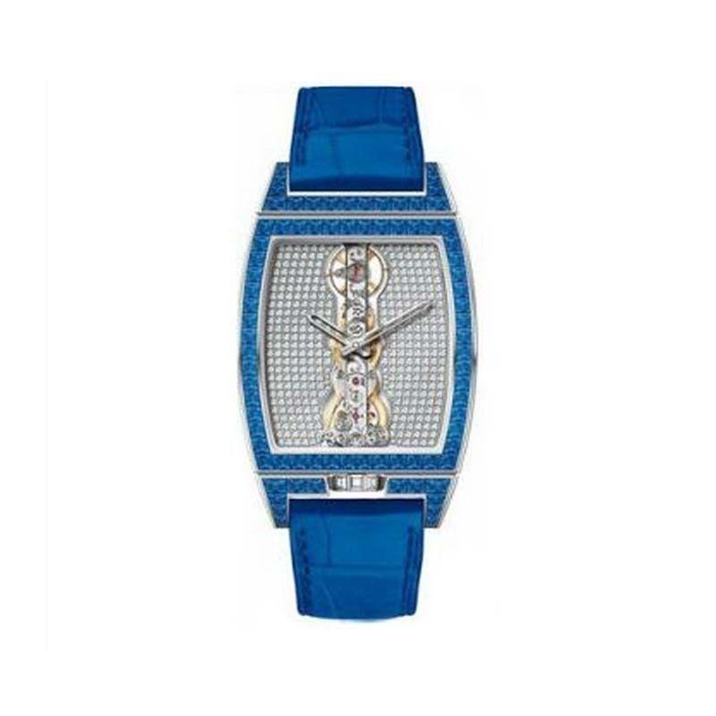 Golden Bridge Mens Manual in White Gold with Diamond Bezel On Blue Leather Strap with Pave Diamond Dial
