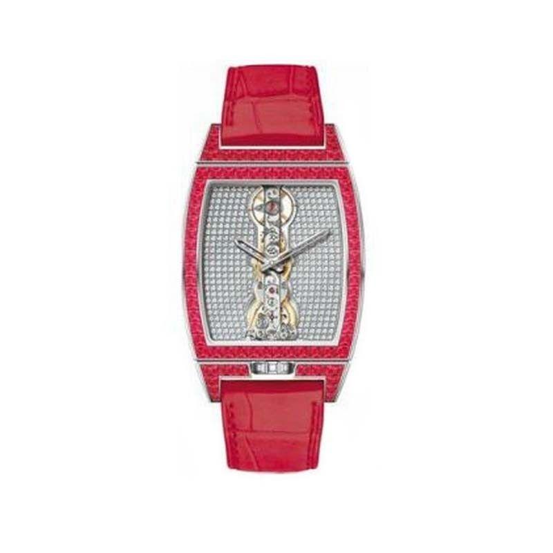 Golden Bridge Mens Manual in White Gold with Pink Diamond Bezel on Red Crocodile Leather Strap with Red Dial