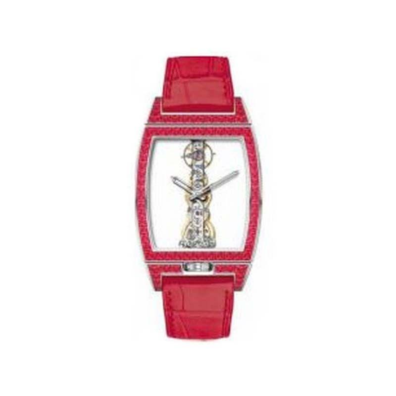 Golden Bridge Mens Manual in White Gold with Diamond Bezel on Red Crocodile Leather Strap with Skeleton Dial