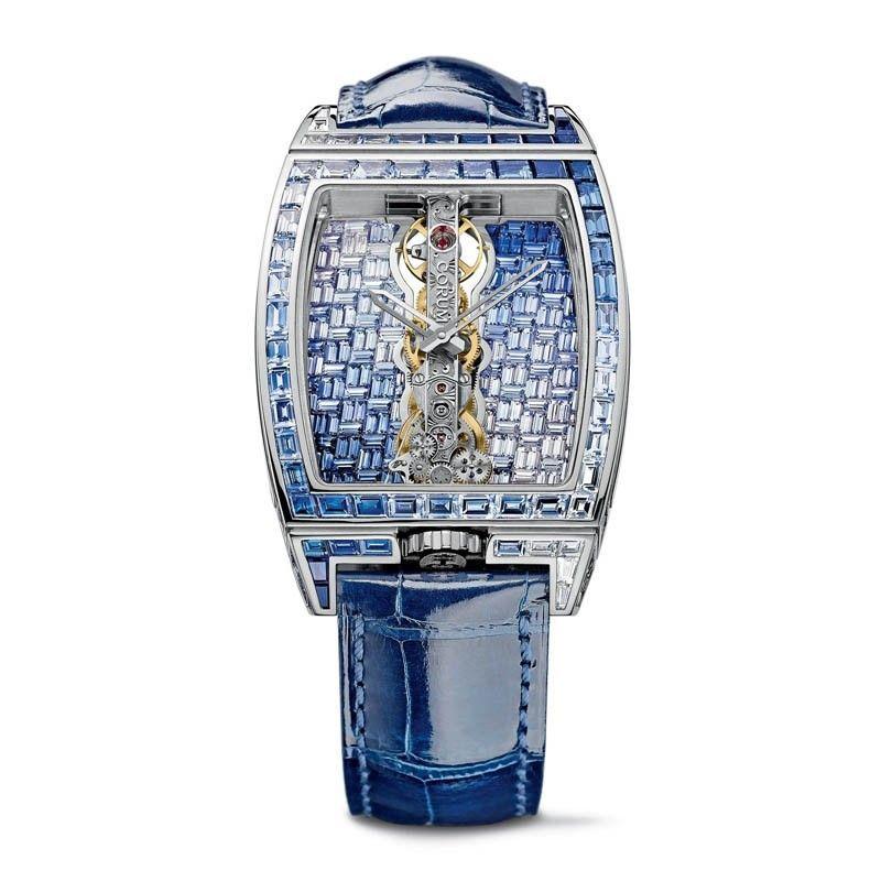 Golden Bridge Mens Manual in White Gold with Diamond Bezel on Blue Crocodile Leather Strap with Pave  Sapphire Diamond Dial