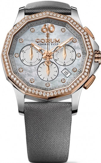 Admirals Cup Legend Chronograph in Steel with Rose Gold Diamond Bezel on Gray Satin Strap with Gray Mother of Pearl Diamond Dial
