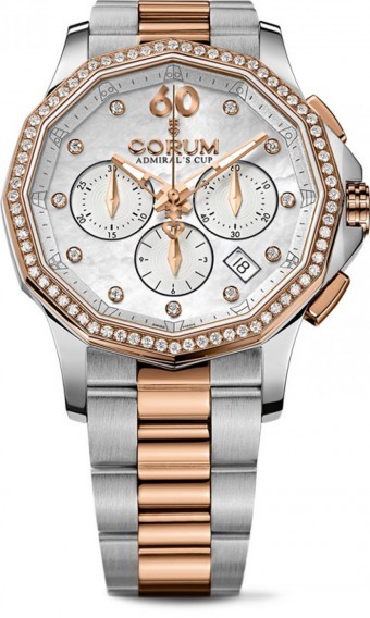 Admirals Cup Legend Chronograph in Steel and Rose Gold  with Diamond Bezel on Steel and Rose Gold Bracelet with White Mother of Pearl Diamond Dial