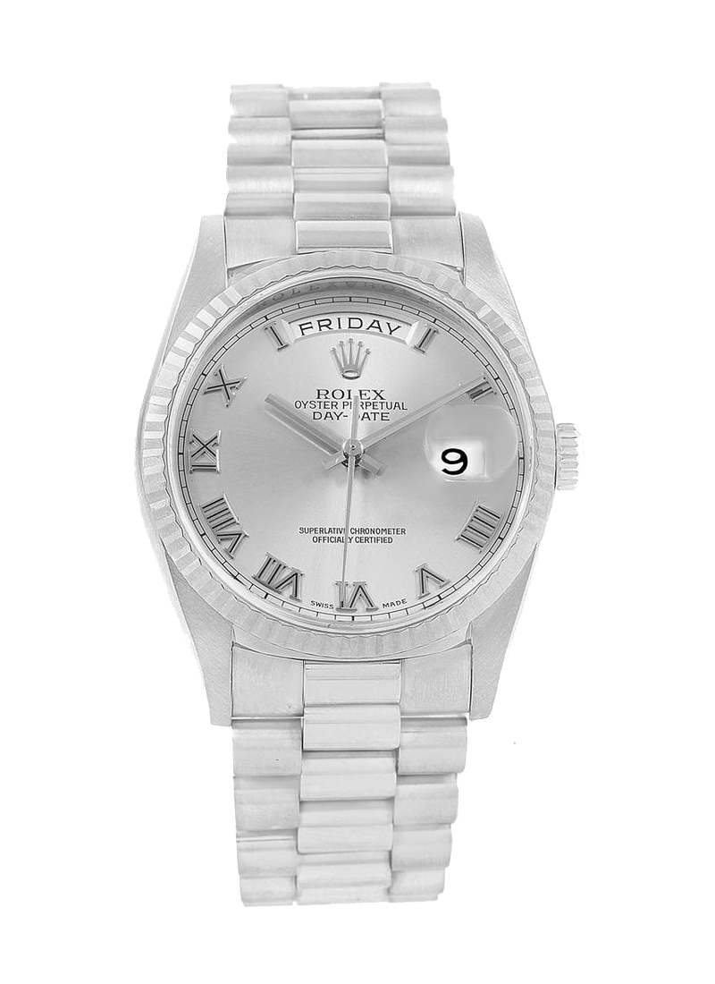 President 36mm Day Date in White Gold with Fluted Bezel on Bracelet with Silver Roman Dial