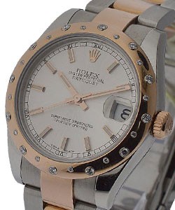 Mid Size Datejust - Steel with Rose Gold Domed Diamond Bezel - 31mm on Oyster Bracelet with Silver Stick Dial