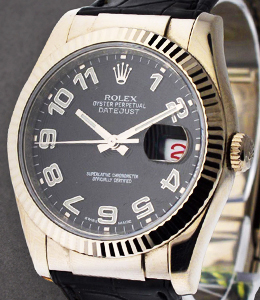 Datejust 36mm in White Gold with Fluted Bezel on Strap with Black Concentric Arabic Dial