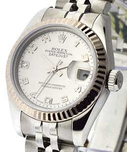 Lady's Datejust in Steel with White Gold Fluted Bezel on Steel Jubilee Bracelet with Silver Arabic Dial