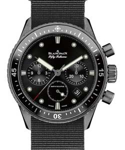 Fifty Fathoms Bathyscaphe Flyback Chronograph 43mm Autoamtic in Ceramic on Black Fabric Strap with Black Dial