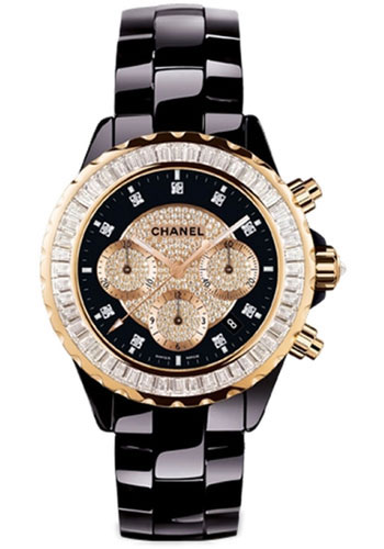 J12 Jewelry Ladies 41mm Automatic in Ceramic with Rose Gold with Baguette Diamonds Bezel on Black Ceramic Bracelet with Black Pave Diamond Dial