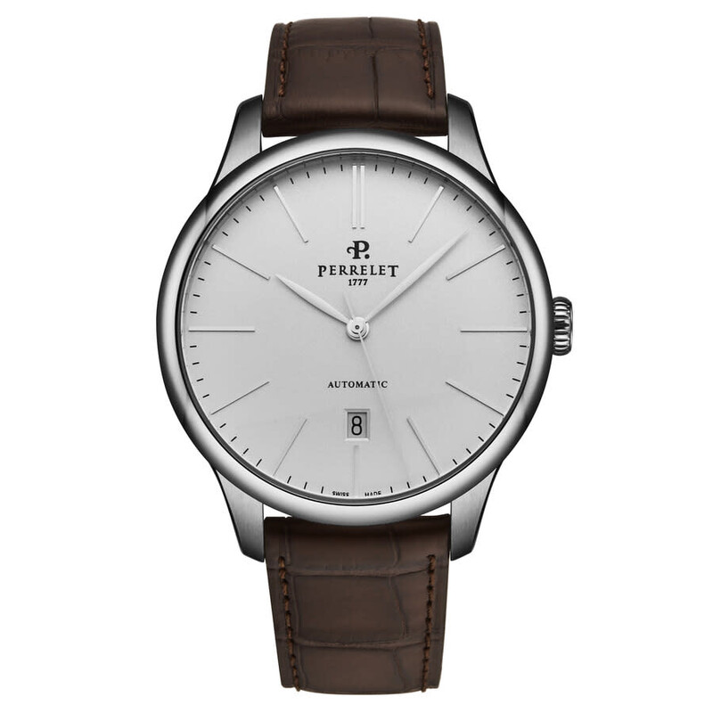First Class mens 42.5mm Automatic in Steel On Brown Alligator Strap with Silver Dial