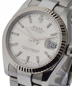 Datejust 36mm in Steel with White Gold Fluted Bezel on Oyster Bracelet with White Stick Dial