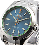 Milgauss 40mm in Steel with Green Crystal on Oyster Bracelet with Blue Luminous Dial